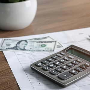 Large model tooth next to money and a calculator on a desk